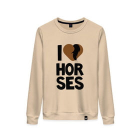 Женский свитшот хлопок с принтом I love horses в Курске, 100% хлопок | прямой крой, круглый вырез, на манжетах и по низу широкая трикотажная резинка  | horse | кони | конный спорт | лошадь | я люблю