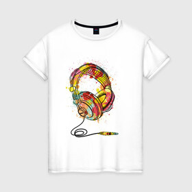 Женская футболка хлопок с принтом Цветные наушники в Курске, 100% хлопок | прямой крой, круглый вырез горловины, длина до линии бедер, слегка спущенное плечо | 