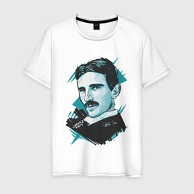 Мужская футболка хлопок с принтом Тесла в Курске, 100% хлопок | прямой крой, круглый вырез горловины, длина до линии бедер, слегка спущенное плечо. | графика | никола тесла | портрет | электричество