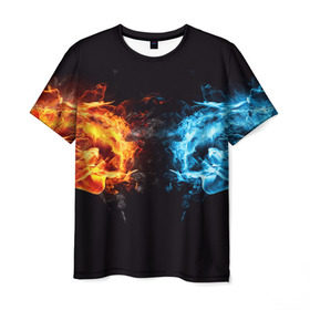 Мужская футболка 3D с принтом Лёд и пламя в Курске, 100% полиэфир | прямой крой, круглый вырез горловины, длина до линии бедер | вода | красный | лёд и пламя | огонь | руки | синий | столкновение | удар