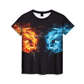 Женская футболка 3D с принтом Лёд и пламя в Курске, 100% полиэфир ( синтетическое хлопкоподобное полотно) | прямой крой, круглый вырез горловины, длина до линии бедер | вода | красный | лёд и пламя | огонь | руки | синий | столкновение | удар