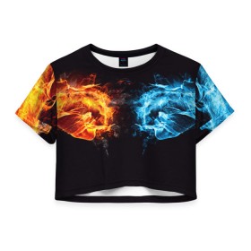 Женская футболка 3D укороченная с принтом Лёд и пламя в Курске, 100% полиэстер | круглая горловина, длина футболки до линии талии, рукава с отворотами | вода | красный | лёд и пламя | огонь | руки | синий | столкновение | удар