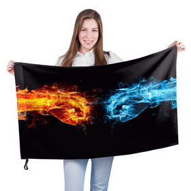 Флаг 3D с принтом Лёд и пламя в Курске, 100% полиэстер | плотность ткани — 95 г/м2, размер — 67 х 109 см. Принт наносится с одной стороны | вода | красный | лёд и пламя | огонь | руки | синий | столкновение | удар