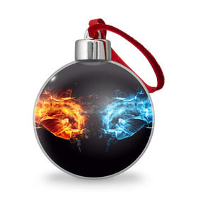Ёлочный шар с принтом Лёд и пламя в Курске, Пластик | Диаметр: 77 мм | вода | красный | лёд и пламя | огонь | руки | синий | столкновение | удар