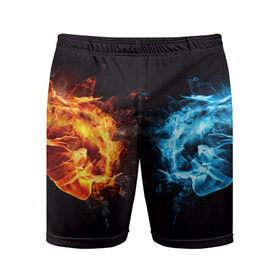 Мужские шорты 3D спортивные с принтом Лёд и пламя в Курске,  |  | Тематика изображения на принте: вода | красный | лёд и пламя | огонь | руки | синий | столкновение | удар