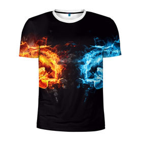 Мужская футболка 3D спортивная с принтом Лёд и пламя в Курске, 100% полиэстер с улучшенными характеристиками | приталенный силуэт, круглая горловина, широкие плечи, сужается к линии бедра | вода | красный | лёд и пламя | огонь | руки | синий | столкновение | удар