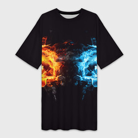 Платье-футболка 3D с принтом Лёд и пламя в Курске,  |  | вода | красный | лёд и пламя | огонь | руки | синий | столкновение | удар