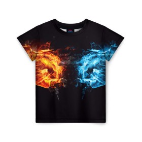 Детская футболка 3D с принтом Лёд и пламя в Курске, 100% гипоаллергенный полиэфир | прямой крой, круглый вырез горловины, длина до линии бедер, чуть спущенное плечо, ткань немного тянется | вода | красный | лёд и пламя | огонь | руки | синий | столкновение | удар