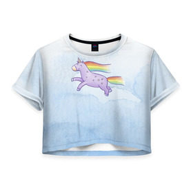 Женская футболка 3D укороченная с принтом Единорожка в Курске, 100% полиэстер | круглая горловина, длина футболки до линии талии, рукава с отворотами | единорог | лошадь | радость | радуга