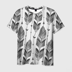 Мужская футболка 3D с принтом Перья в Курске, 100% полиэфир | прямой крой, круглый вырез горловины, длина до линии бедер | индейцы | нити | перья