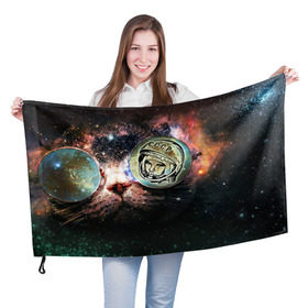 Флаг 3D с принтом Гагарин 3 в Курске, 100% полиэстер | плотность ткани — 95 г/м2, размер — 67 х 109 см. Принт наносится с одной стороны | 12 апреля | гагарин | день космонавтики | космонавт | космонавтика | космос | юра | юрий