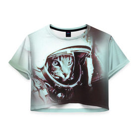 Женская футболка 3D укороченная с принтом Котмонавт в Курске, 100% полиэстер | круглая горловина, длина футболки до линии талии, рукава с отворотами | 12 апреля | гагарин | день космонавтики | космонавт | космонавтика | космос | юра | юрий