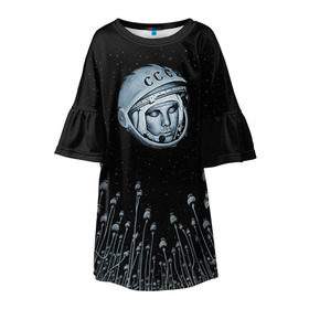 Детское платье 3D с принтом Гагарин 7 в Курске, 100% полиэстер | прямой силуэт, чуть расширенный к низу. Круглая горловина, на рукавах — воланы | Тематика изображения на принте: 12 апреля | гагарин | день космонавтики | космонавт | космонавтика | космос | юра | юрий