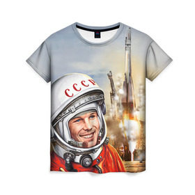 Женская футболка 3D с принтом Гагарин 8 в Курске, 100% полиэфир ( синтетическое хлопкоподобное полотно) | прямой крой, круглый вырез горловины, длина до линии бедер | 12 апреля | гагарин | день космонавтики | космонавт | космонавтика | космос | юра | юрий
