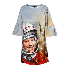 Детское платье 3D с принтом Гагарин 8 в Курске, 100% полиэстер | прямой силуэт, чуть расширенный к низу. Круглая горловина, на рукавах — воланы | Тематика изображения на принте: 12 апреля | гагарин | день космонавтики | космонавт | космонавтика | космос | юра | юрий