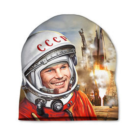 Шапка 3D с принтом Гагарин 8 в Курске, 100% полиэстер | универсальный размер, печать по всей поверхности изделия | 12 апреля | гагарин | день космонавтики | космонавт | космонавтика | космос | юра | юрий