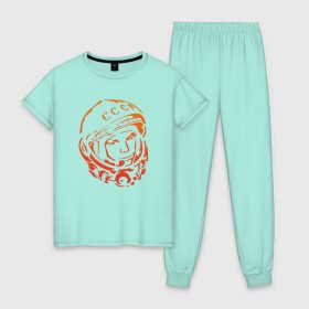 Женская пижама хлопок с принтом Гагарин 10 в Курске, 100% хлопок | брюки и футболка прямого кроя, без карманов, на брюках мягкая резинка на поясе и по низу штанин | 12 апреля | гагарин | день космонавтики | космонавт | космонавтика | космос | юра | юрий
