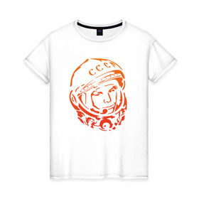 Женская футболка хлопок с принтом Гагарин 10 в Курске, 100% хлопок | прямой крой, круглый вырез горловины, длина до линии бедер, слегка спущенное плечо | 12 апреля | гагарин | день космонавтики | космонавт | космонавтика | космос | юра | юрий