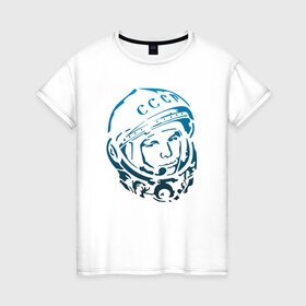 Женская футболка хлопок с принтом Гагарин 11 в Курске, 100% хлопок | прямой крой, круглый вырез горловины, длина до линии бедер, слегка спущенное плечо | 12 апреля | гагарин | день космонавтики | космонавт | космонавтика | космос | юра | юрий