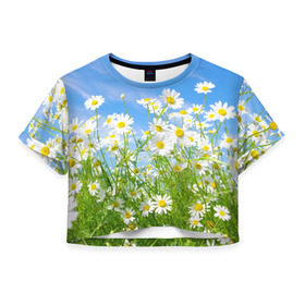 Женская футболка 3D укороченная с принтом Ромашки в Курске, 100% полиэстер | круглая горловина, длина футболки до линии талии, рукава с отворотами | луг | цветы