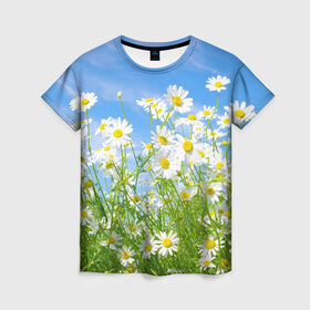 Женская футболка 3D с принтом Ромашки в Курске, 100% полиэфир ( синтетическое хлопкоподобное полотно) | прямой крой, круглый вырез горловины, длина до линии бедер | луг | цветы
