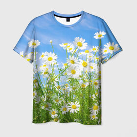 Мужская футболка 3D с принтом Ромашки в Курске, 100% полиэфир | прямой крой, круглый вырез горловины, длина до линии бедер | Тематика изображения на принте: луг | цветы