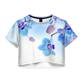 Женская футболка 3D укороченная с принтом Голубая орхидея в Курске, 100% полиэстер | круглая горловина, длина футболки до линии талии, рукава с отворотами | Тематика изображения на принте: голубая орхидея | красота | орхидеи | природа | цветок | цветочек | цветы