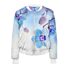 Женский бомбер 3D с принтом Голубая орхидея в Курске, 100% полиэстер | застегивается на молнию, по бокам два кармана без застежек, мягкие манжеты, по низу бомбера и на воротнике — эластичная резинка | Тематика изображения на принте: голубая орхидея | красота | орхидеи | природа | цветок | цветочек | цветы