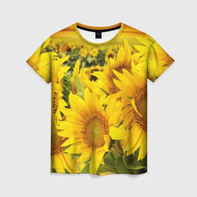 Женская футболка 3D с принтом Подсолнухи в Курске, 100% полиэфир ( синтетическое хлопкоподобное полотно) | прямой крой, круглый вырез горловины, длина до линии бедер | Тематика изображения на принте: желтый | солнце | цветок | яркий