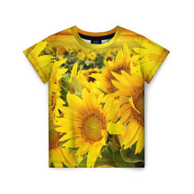 Детская футболка 3D с принтом Подсолнухи в Курске, 100% гипоаллергенный полиэфир | прямой крой, круглый вырез горловины, длина до линии бедер, чуть спущенное плечо, ткань немного тянется | желтый | солнце | цветок | яркий