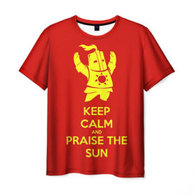 Мужская футболка 3D с принтом Keep calm and praise the sun в Курске, 100% полиэфир | прямой крой, круглый вырез горловины, длина до линии бедер | Тематика изображения на принте: dark souls