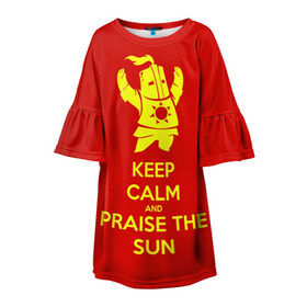 Детское платье 3D с принтом Keep calm and praise the sun в Курске, 100% полиэстер | прямой силуэт, чуть расширенный к низу. Круглая горловина, на рукавах — воланы | dark souls