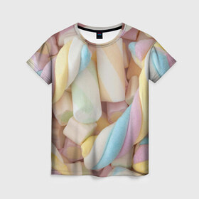 Женская футболка 3D с принтом Зефир в Курске, 100% полиэфир ( синтетическое хлопкоподобное полотно) | прямой крой, круглый вырез горловины, длина до линии бедер | candy | еда | зефир | конфеты | мармелад | сладкое