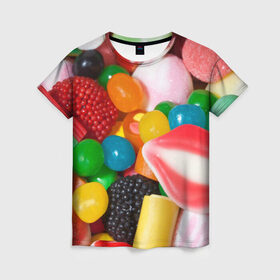Женская футболка 3D с принтом Сладости в Курске, 100% полиэфир ( синтетическое хлопкоподобное полотно) | прямой крой, круглый вырез горловины, длина до линии бедер | candy | еда | конфеты | мармелад | сладкое
