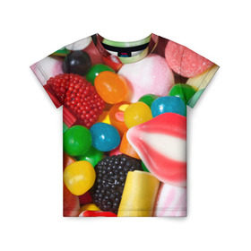 Детская футболка 3D с принтом Сладости в Курске, 100% гипоаллергенный полиэфир | прямой крой, круглый вырез горловины, длина до линии бедер, чуть спущенное плечо, ткань немного тянется | Тематика изображения на принте: candy | еда | конфеты | мармелад | сладкое