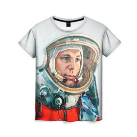 Женская футболка 3D с принтом Гагарин в Курске, 100% полиэфир ( синтетическое хлопкоподобное полотно) | прямой крой, круглый вырез горловины, длина до линии бедер | space | гагарин | космос | россия
