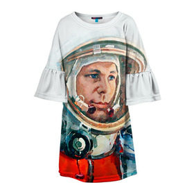 Детское платье 3D с принтом Гагарин в Курске, 100% полиэстер | прямой силуэт, чуть расширенный к низу. Круглая горловина, на рукавах — воланы | space | гагарин | космос | россия