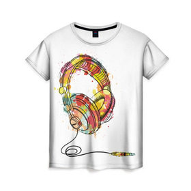 Женская футболка 3D с принтом Красочные наушники в Курске, 100% полиэфир ( синтетическое хлопкоподобное полотно) | прямой крой, круглый вырез горловины, длина до линии бедер | dj | музыка | наушники