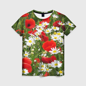 Женская футболка 3D с принтом Полевые цветы 2 в Курске, 100% полиэфир ( синтетическое хлопкоподобное полотно) | прямой крой, круглый вырез горловины, длина до линии бедер | поле | полевые цветы | цветы