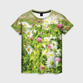 Женская футболка 3D с принтом Полевые цветы 3 в Курске, 100% полиэфир ( синтетическое хлопкоподобное полотно) | прямой крой, круглый вырез горловины, длина до линии бедер | поле | полевые цветы | цветы