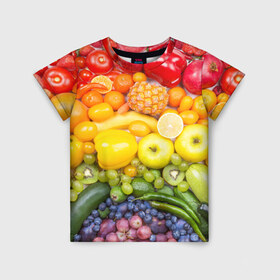 Детская футболка 3D с принтом Плоды в Курске, 100% гипоаллергенный полиэфир | прямой крой, круглый вырез горловины, длина до линии бедер, чуть спущенное плечо, ткань немного тянется | овощи | фрукты | ягоды