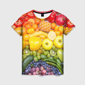 Женская футболка 3D с принтом Плоды в Курске, 100% полиэфир ( синтетическое хлопкоподобное полотно) | прямой крой, круглый вырез горловины, длина до линии бедер | овощи | фрукты | ягоды