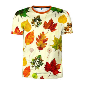 Мужская футболка 3D спортивная с принтом Осень в Курске, 100% полиэстер с улучшенными характеристиками | приталенный силуэт, круглая горловина, широкие плечи, сужается к линии бедра | листва | листья | осень | оформление | пёстрые листочки | слой | текстура | трайбл | узор | фон