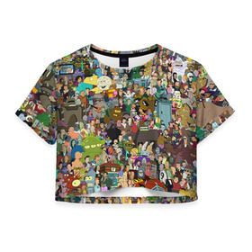 Женская футболка 3D укороченная с принтом Futurama в Курске, 100% полиэстер | круглая горловина, длина футболки до линии талии, рукава с отворотами | bender | fry | futurama | mult | бендер | бэндер | лила | мульт | мультсериал | мульфильмы | фрай | футутрама
