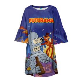 Детское платье 3D с принтом Futurama в Курске, 100% полиэстер | прямой силуэт, чуть расширенный к низу. Круглая горловина, на рукавах — воланы | bender | fry | futurama | mult | бендер | бэндер | лила | мульт | мультсериал | мульфильмы | фрай | футутрама