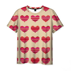 Мужская футболка 3D с принтом Шерстяные сердечки в Курске, 100% полиэфир | прямой крой, круглый вырез горловины, длина до линии бедер | Тематика изображения на принте: вязание | вязаный | паттерн | текстура | узор