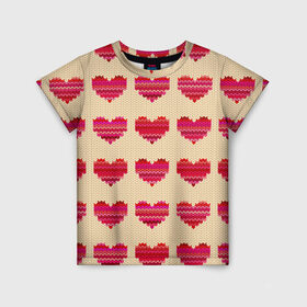 Детская футболка 3D с принтом Шерстяные сердечки в Курске, 100% гипоаллергенный полиэфир | прямой крой, круглый вырез горловины, длина до линии бедер, чуть спущенное плечо, ткань немного тянется | Тематика изображения на принте: вязание | вязаный | паттерн | текстура | узор