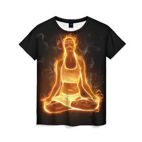 Женская футболка 3D с принтом Пламенная медитация в Курске, 100% полиэфир ( синтетическое хлопкоподобное полотно) | прямой крой, круглый вырез горловины, длина до линии бедер | аштанга | здоровье | зож | йога | кундалини | лотос | медитация | огонь | пламя | силуэт | спорт | страсть | тонус