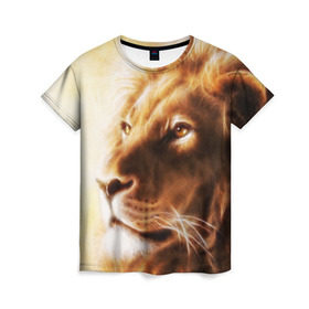 Женская футболка 3D с принтом Лев в Курске, 100% полиэфир ( синтетическое хлопкоподобное полотно) | прямой крой, круглый вырез горловины, длина до линии бедер | власть | джунгли | кошка | лев | мощь | отвага | сила | хищник | храбрость | царь зверей