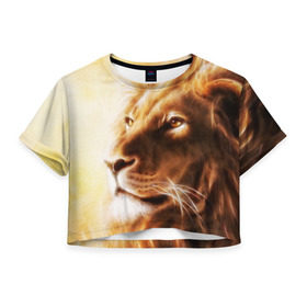 Женская футболка 3D укороченная с принтом Лев в Курске, 100% полиэстер | круглая горловина, длина футболки до линии талии, рукава с отворотами | власть | джунгли | кошка | лев | мощь | отвага | сила | хищник | храбрость | царь зверей